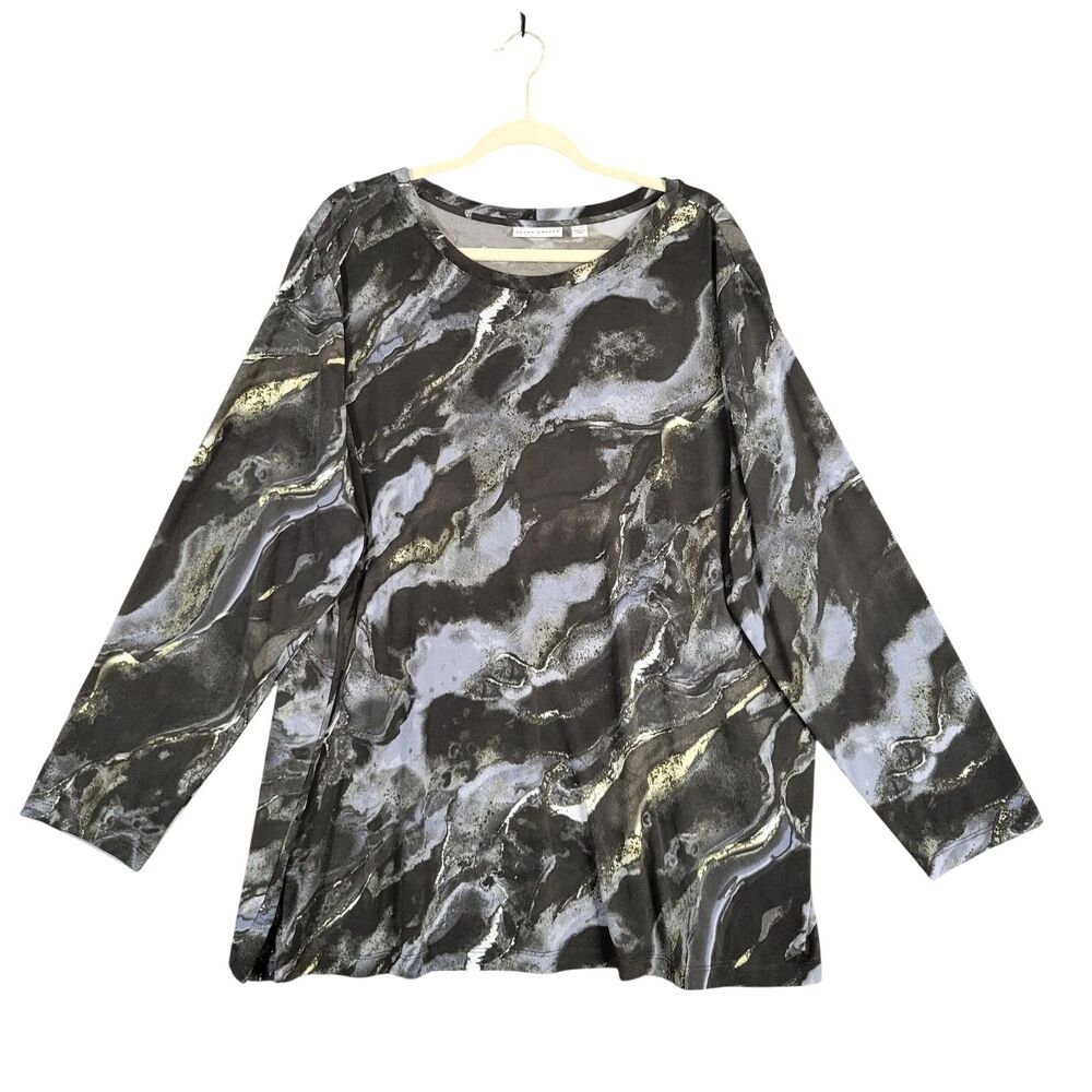 SUSAN GRAVER Black Abstract Marble Print Liquid Knit Slinky Top Artsy SIZE 3X